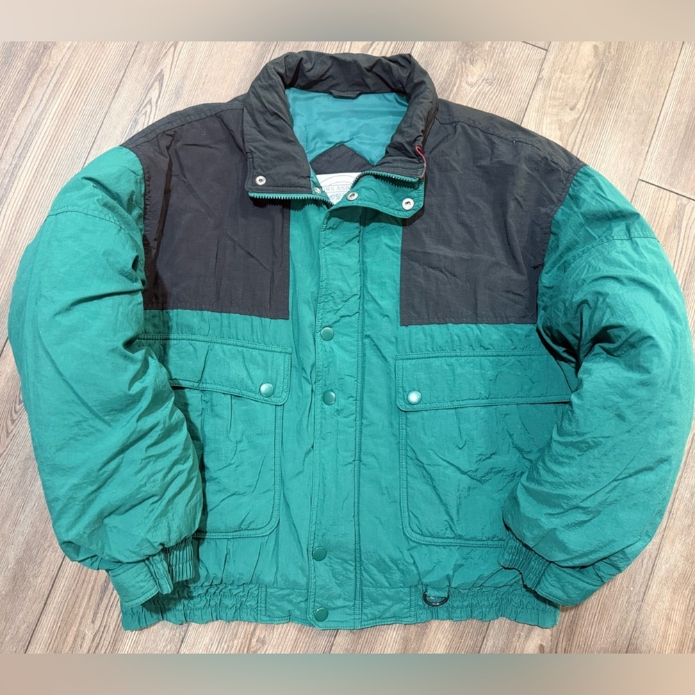 Vintage 90s Colorblock Puffer Jacket Green Black John Ashford Mens XL